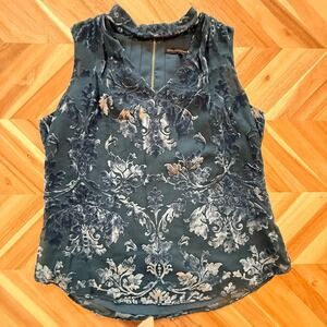 WHBM Elegant Teal Sheer Burnout Velvet Floral Damask Blouse Cutout Mock Neck 12P